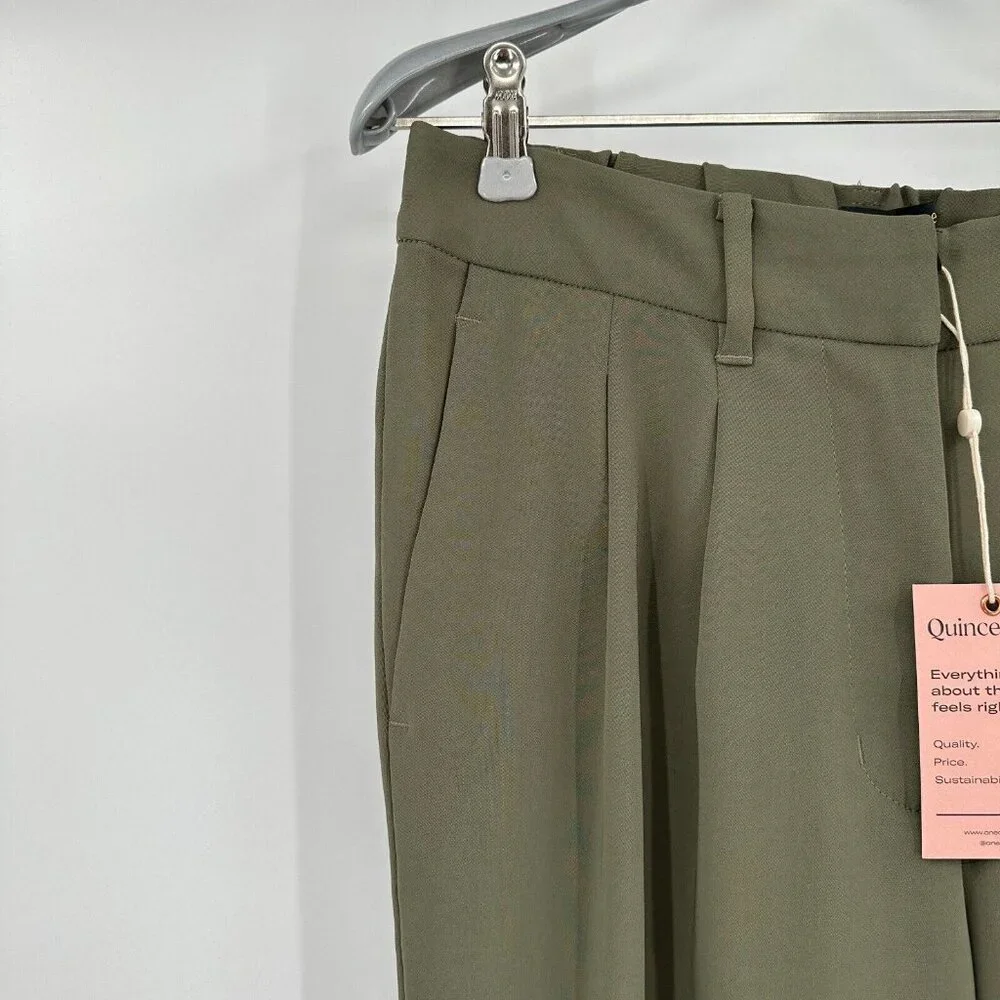 Quince Women's Stretch Crepe Pleated Wide Leg Pants Olive sz S NWT 30" Inseam - Picture 2 of 4
